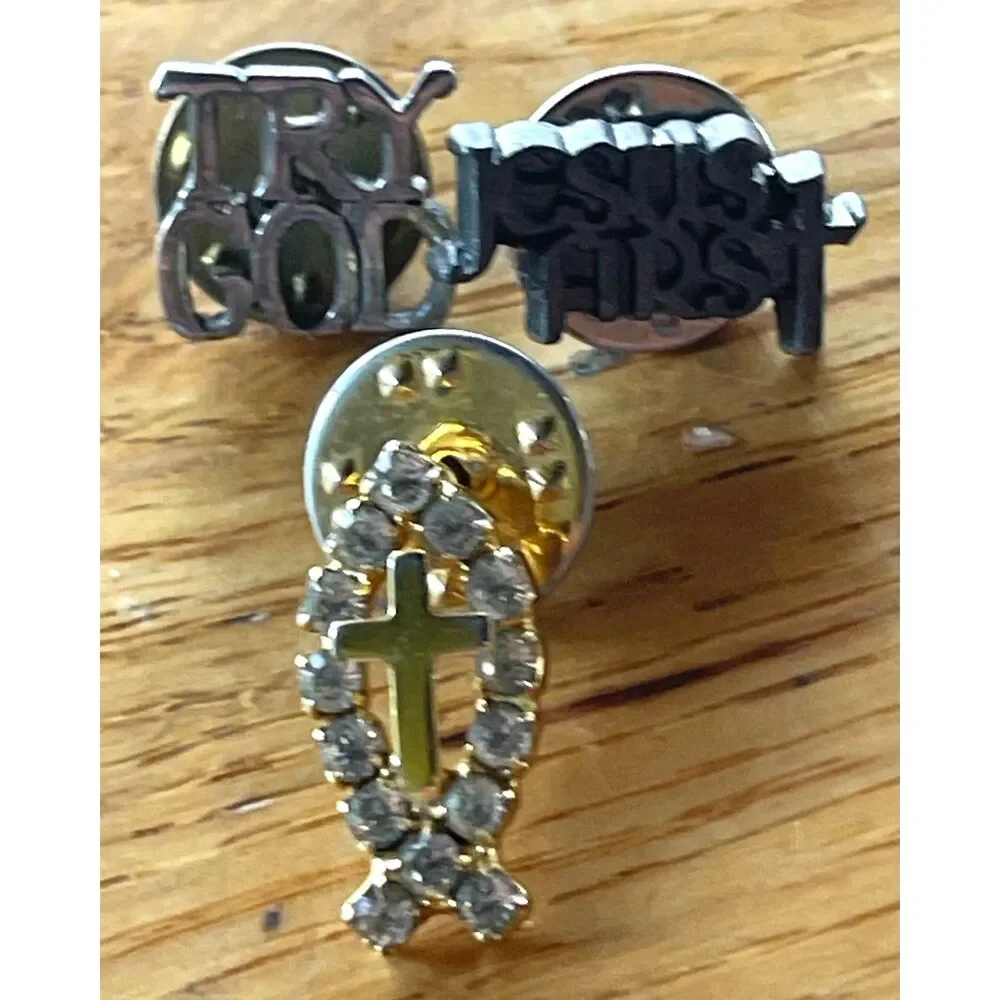 Lot 3 Christian Faith Lapel Pins Jesus First Try God Cross Rhinestone Pin